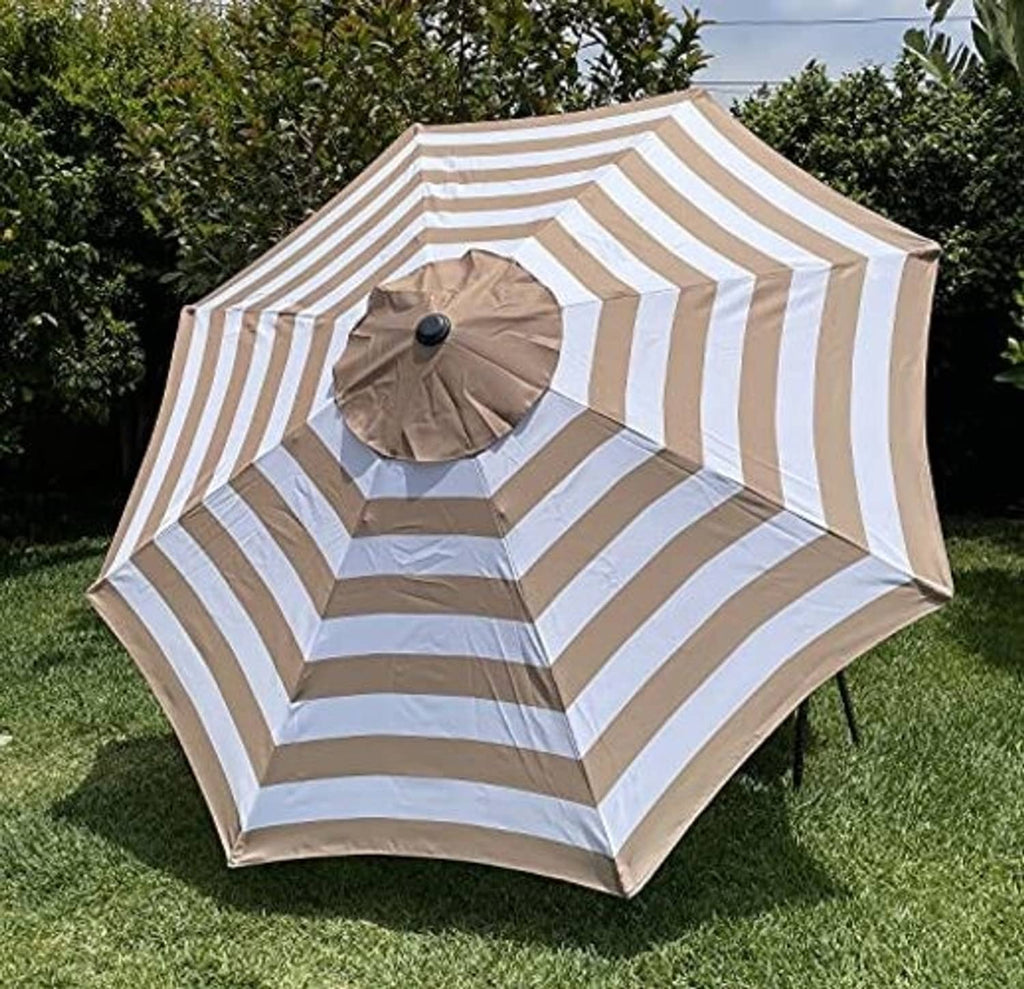 Patio umbrella replacement canopy with tan and white stripes and round tan vent with black knob