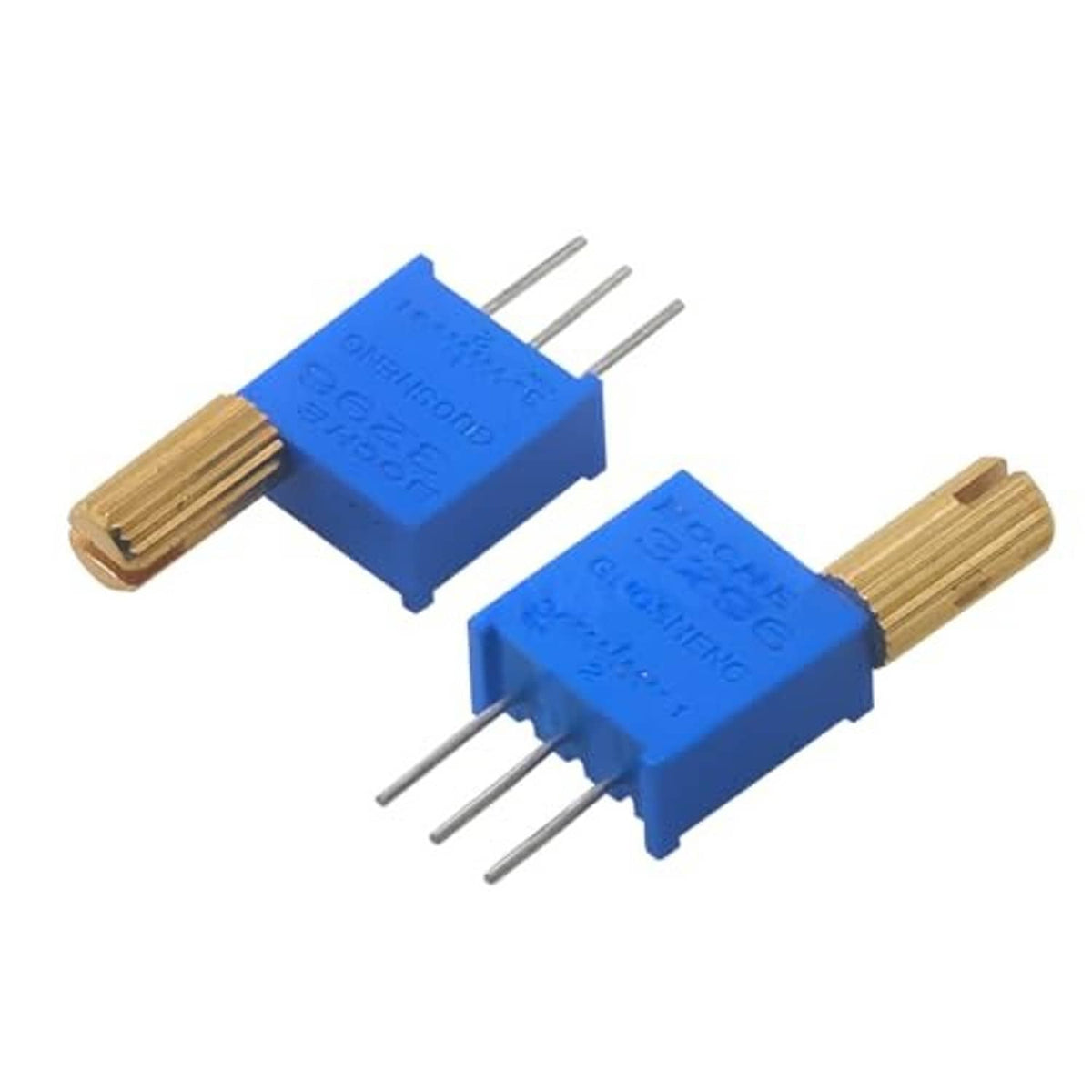 Two blue multi-turn adjustable potentiometers with metal shafts and three pin leads