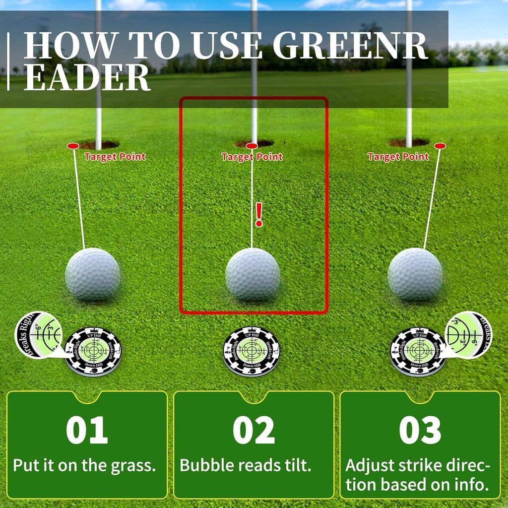 Golf ball marker reader disc and clips showing green bubble level for aiming