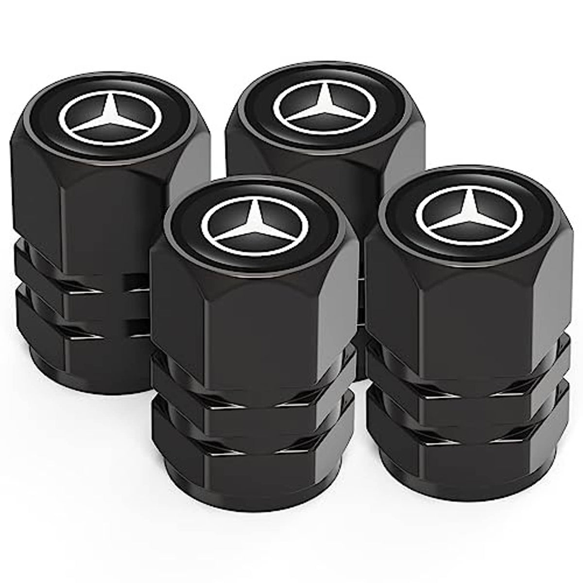 Set of 4 black tire valve stem caps with Mercedes-Benz star logo, textured hex top