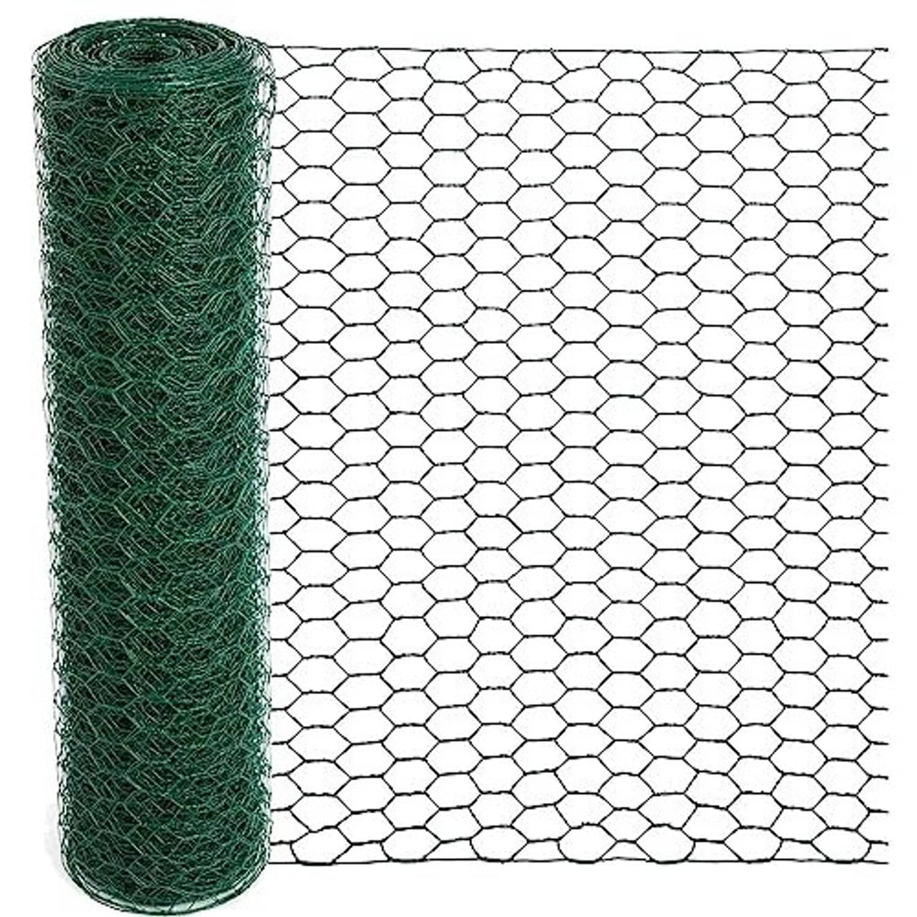 Green chicken wire mesh roll with hexagonal grid and attached sheet for DIY projects