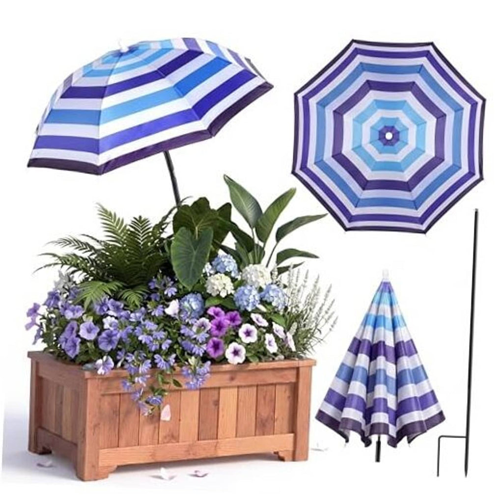 Outdoor plant umbrella with blue and white horizontal striped open canopy