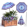 Outdoor plant umbrella with blue and white horizontal striped open canopy