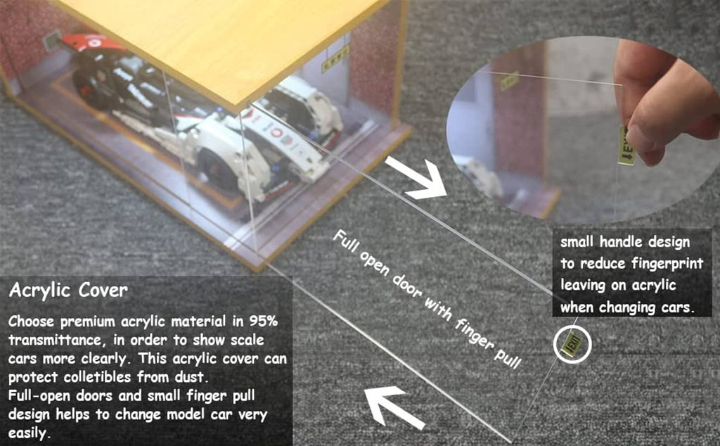 Acrylic cover for model car garage diorama with full open door and handle pull