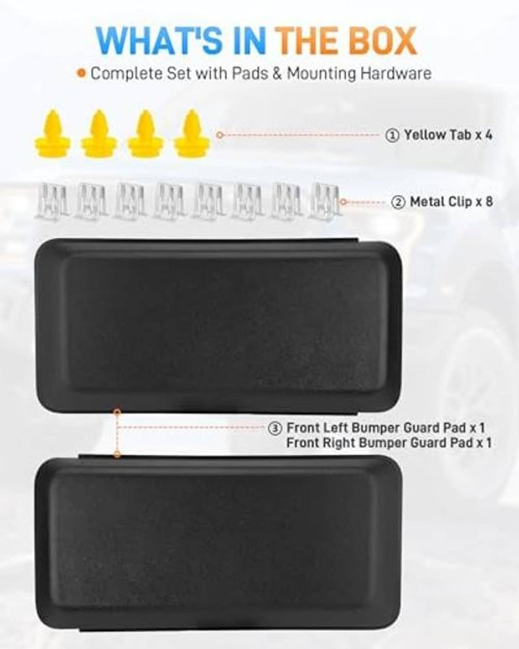 Package of two black front bumper guard pads with yellow tabs and metal clips