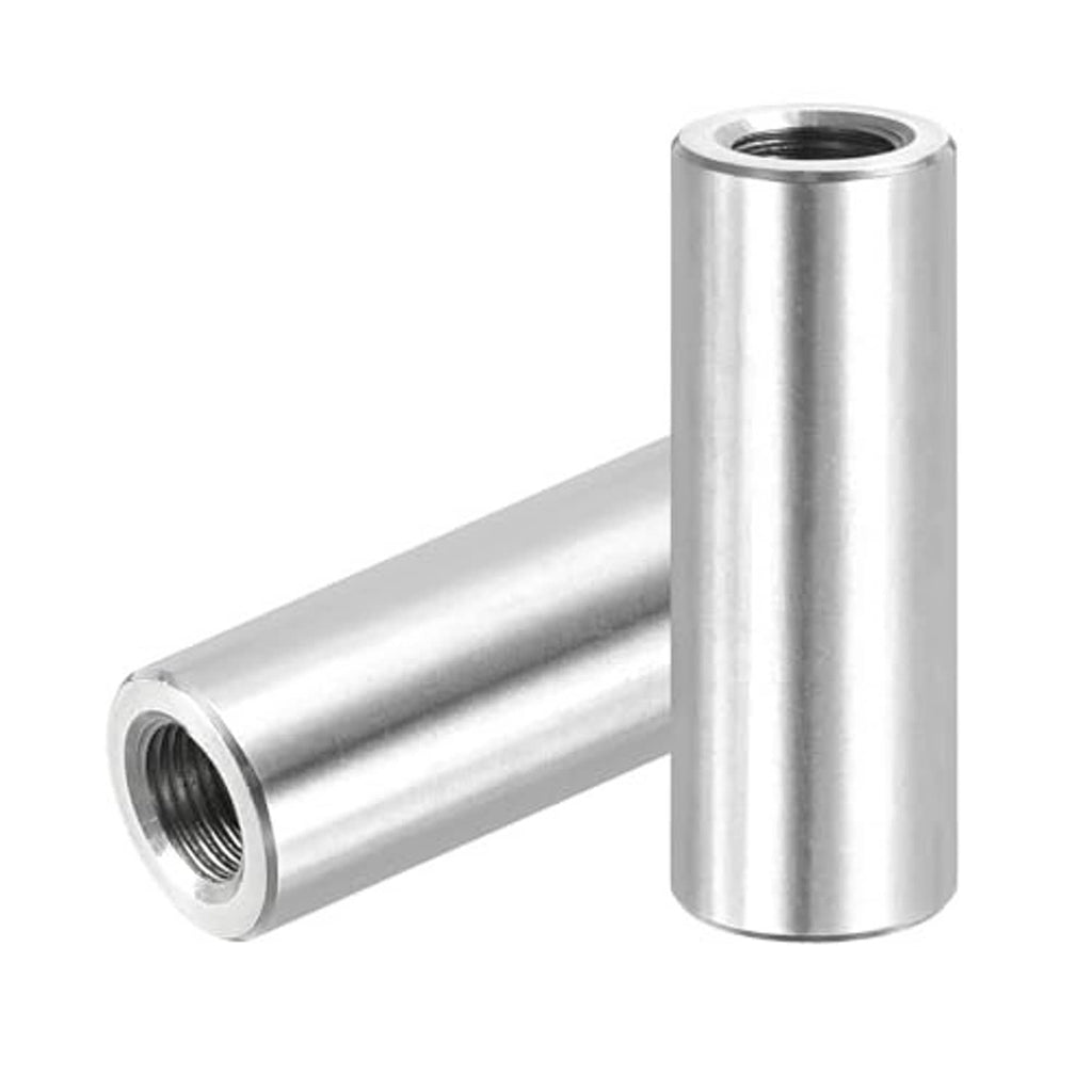 Stainless steel coupling nut with cylindrical sleeve and internal threaded hole, joined connector