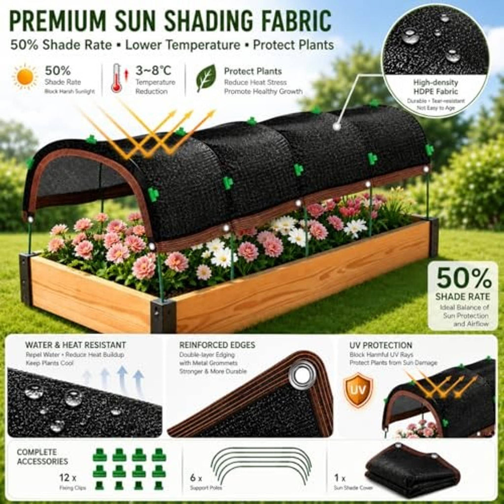 Black woven shade cloth canopy fabric with brown reinforced edge and grommets