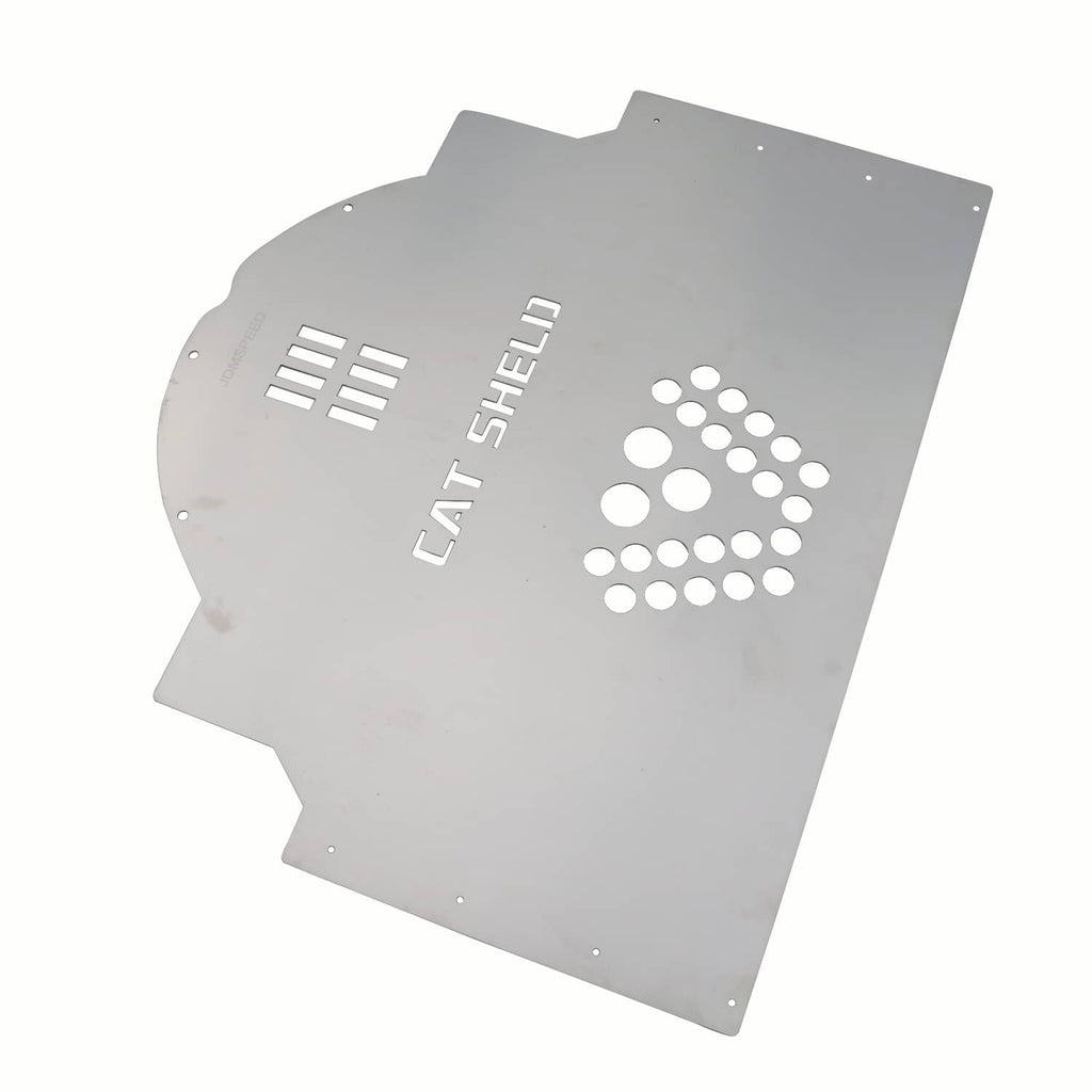 Metal cat shield plate with CAT SHELLI lettering, perforated emblem, and mounting holes