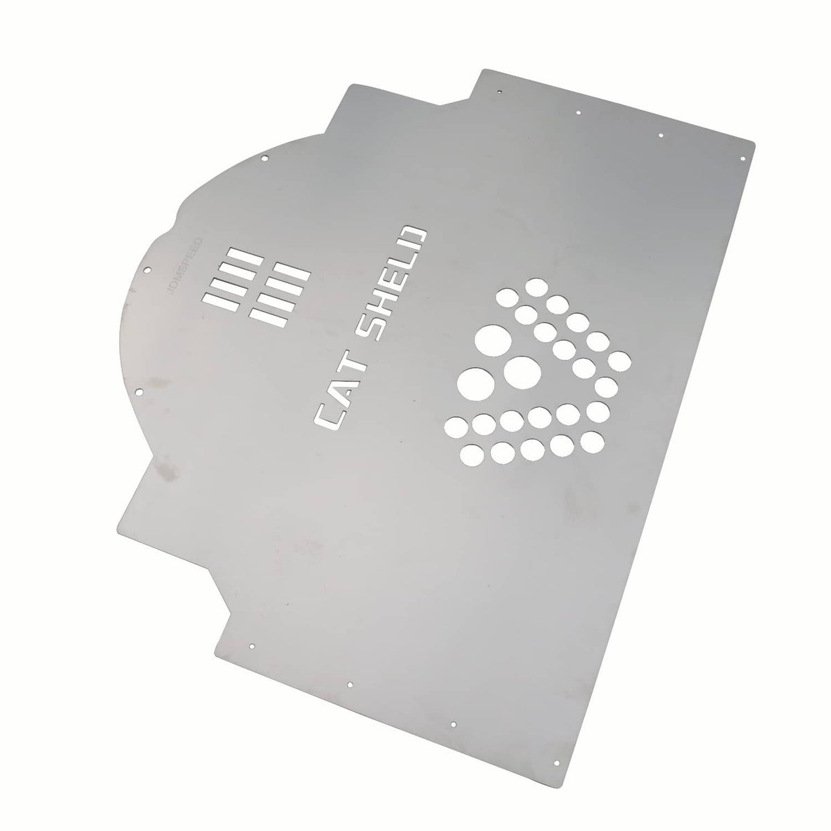 Metal cat shield plate with CAT SHELLI lettering, perforated emblem, and mounting holes