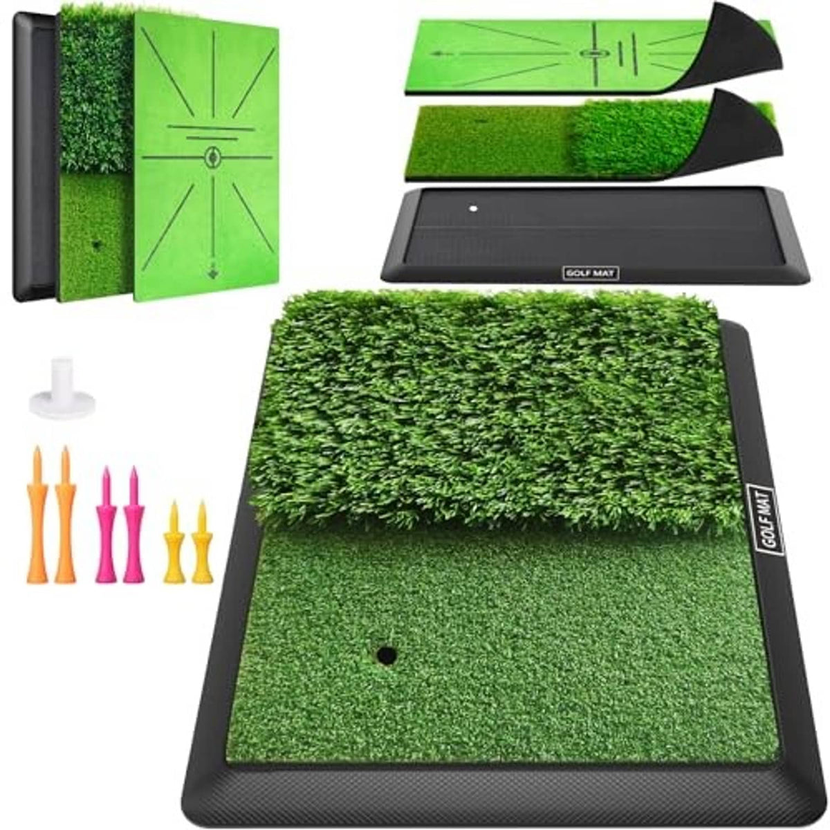 Green golf chipping practice mat with black border, alignment lines, and two corner tee pieces