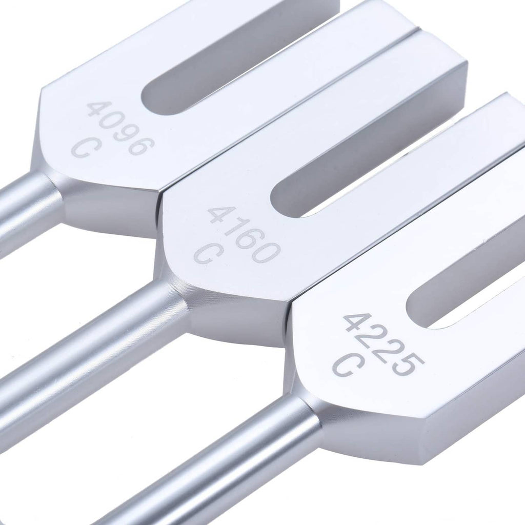 Three silver tuning fork heads with engraved 4096 C, 4160 C, and 4225 C