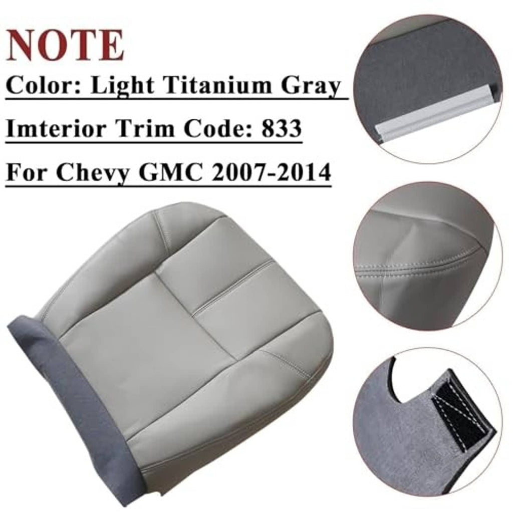 Gray microfiber leather front seat bottom replacement cover, stitched panels and seam lines