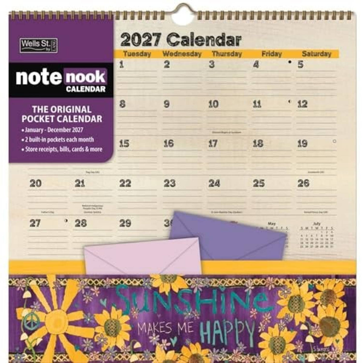 2027 note nook pocket calendar with dual pockets, purple top, sunflower “Sunshine Makes Me Happy”