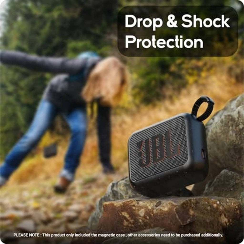 Dark silicone speaker case with textured front panel and lanyard handle