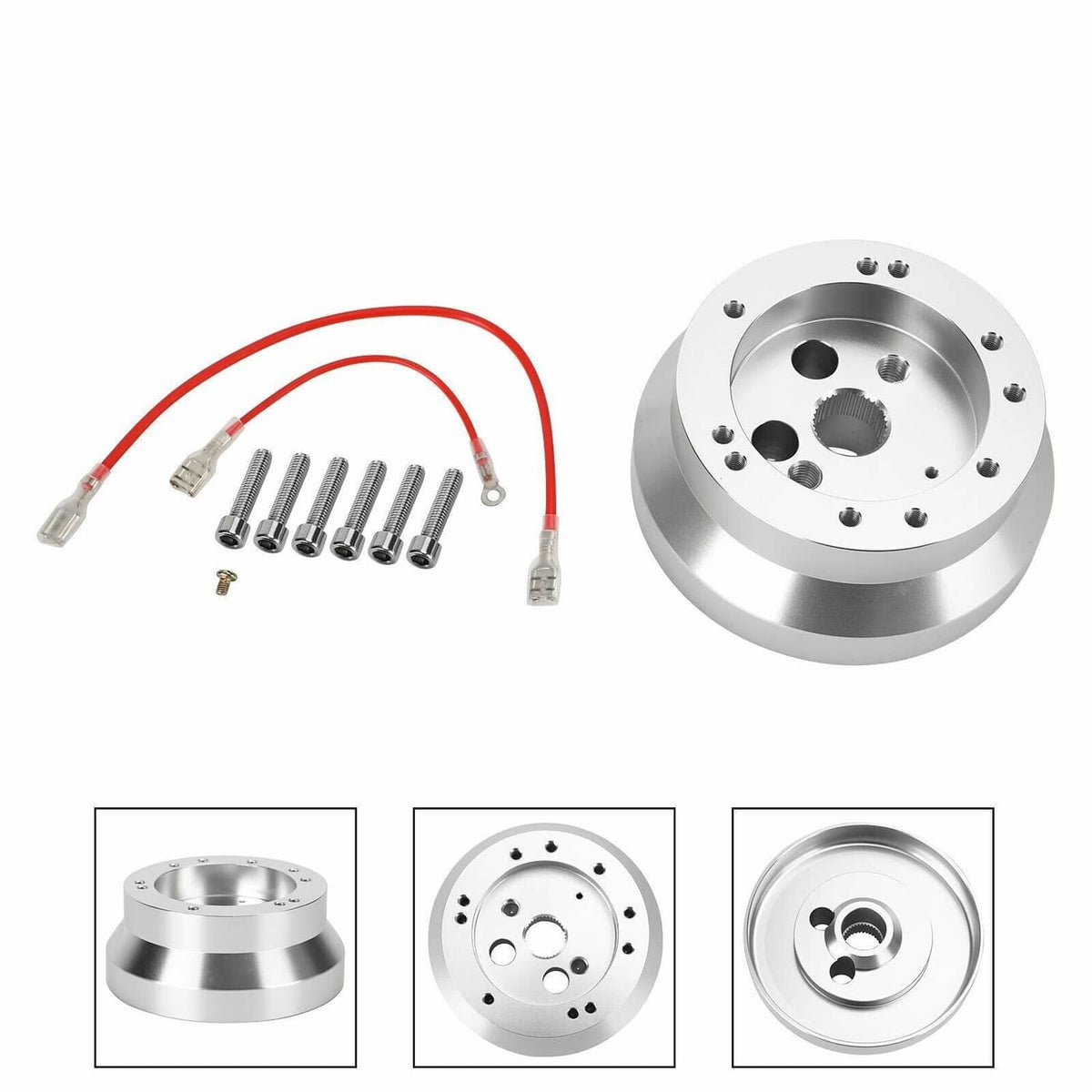 Steering wheel hub adapter kit with polished hub, red wiring leads, and mounting bolts