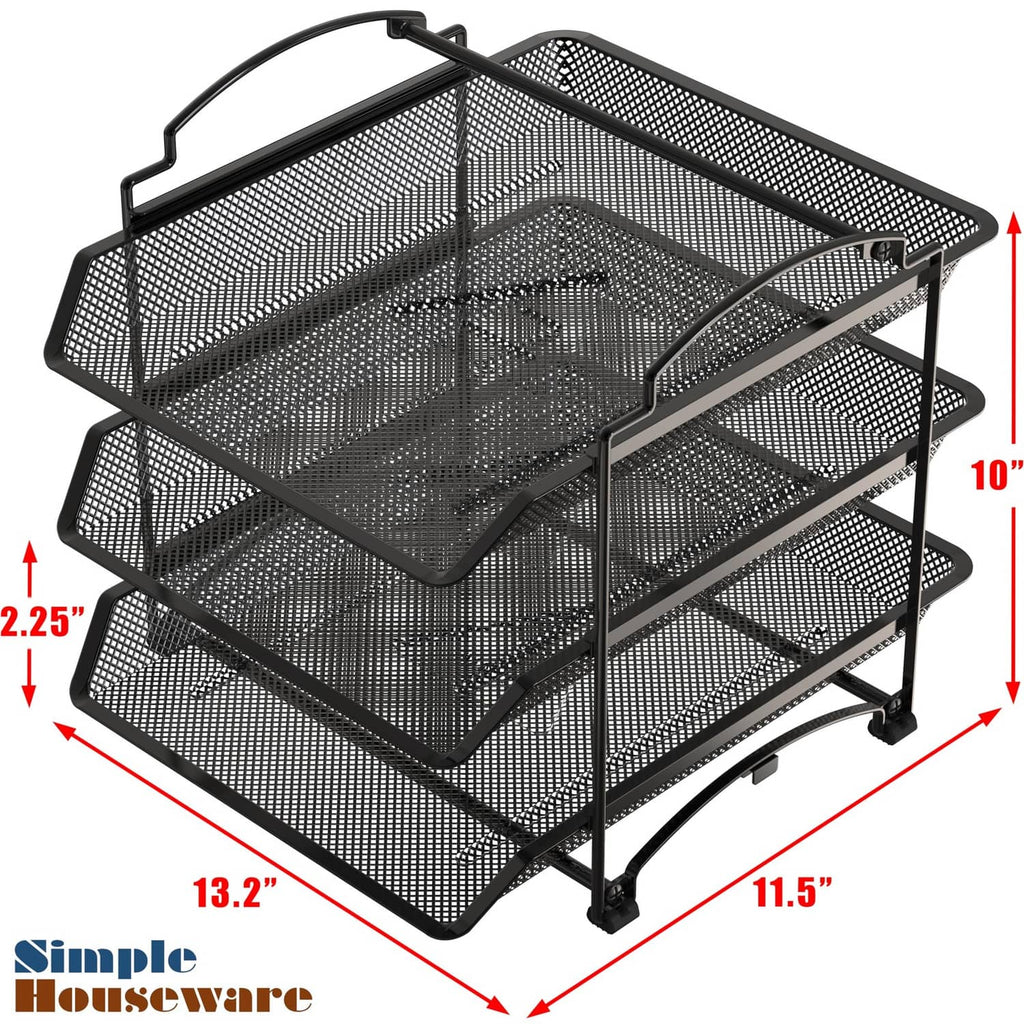 Black 3-tier mesh document rack with curved handle and raised base feet