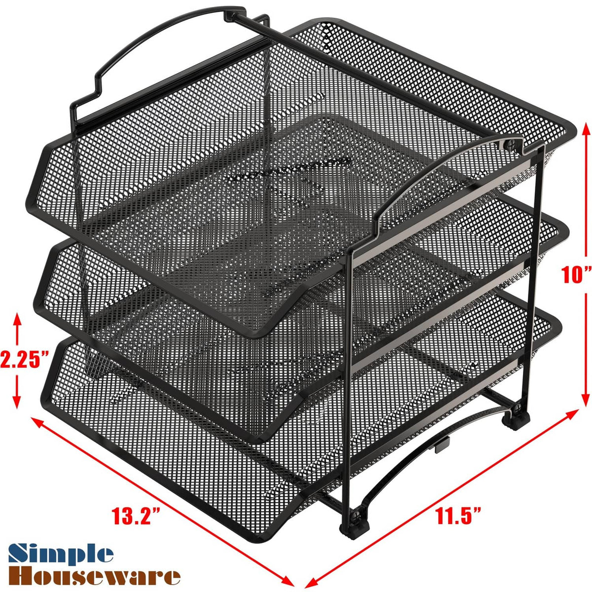 Black 3-tier mesh document rack with curved handle and raised base feet