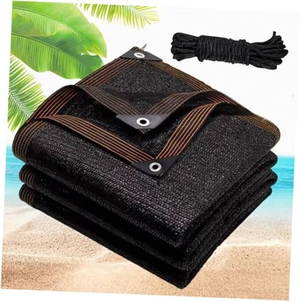 Black breathable shade cloth tarp roll with grommets and brown trim straps