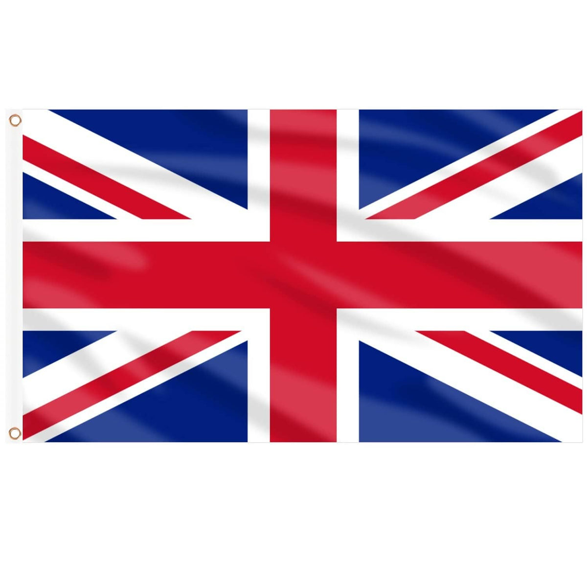 Union Jack garden flag with red cross and white borders on blue field, grommets at corners