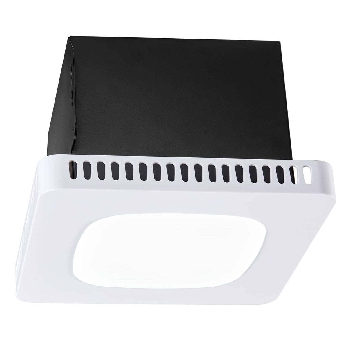 White ceiling ventilation fan with LED panel and dark cover grille