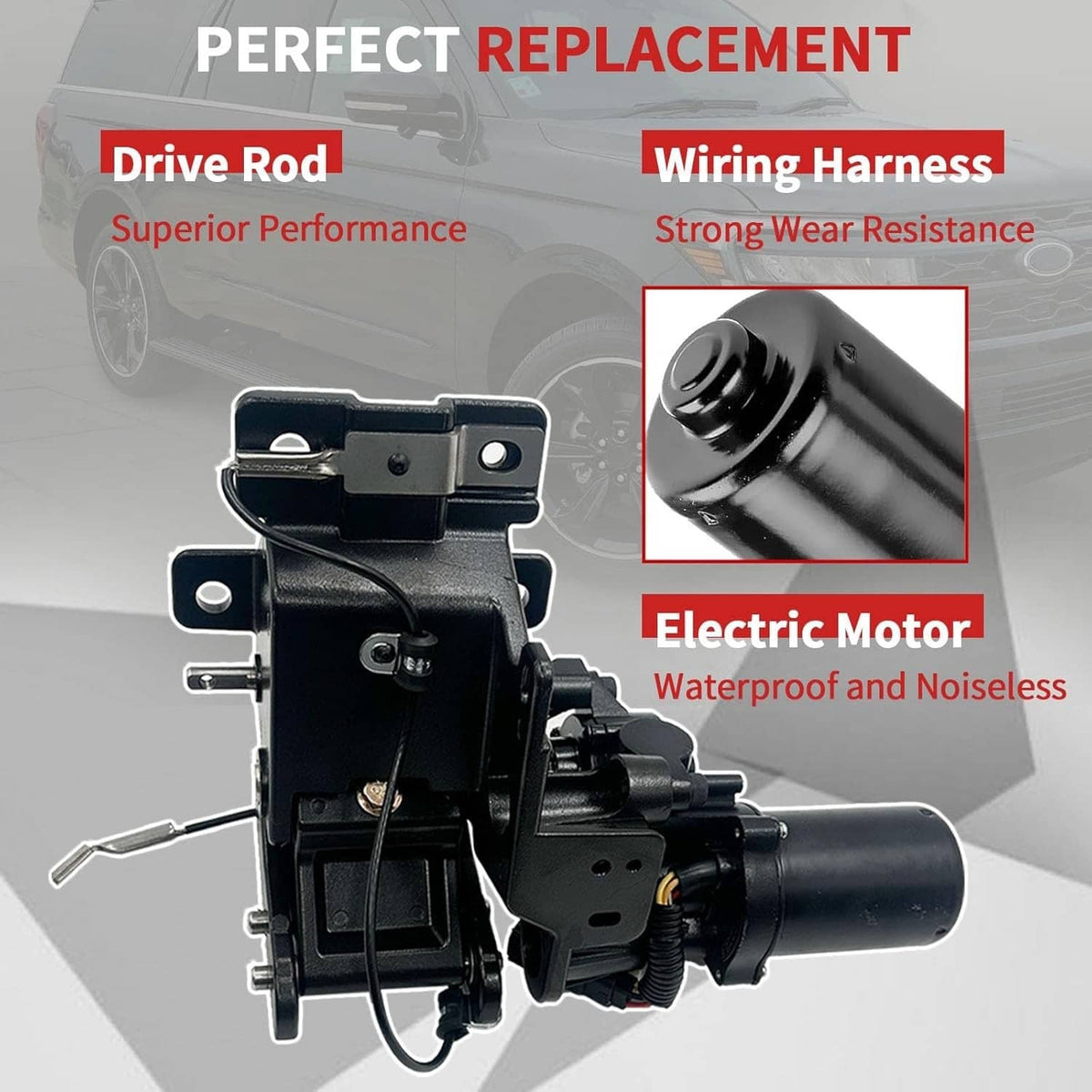 Power running board motor assembly with drive rod, wiring harness, and electric motor unit