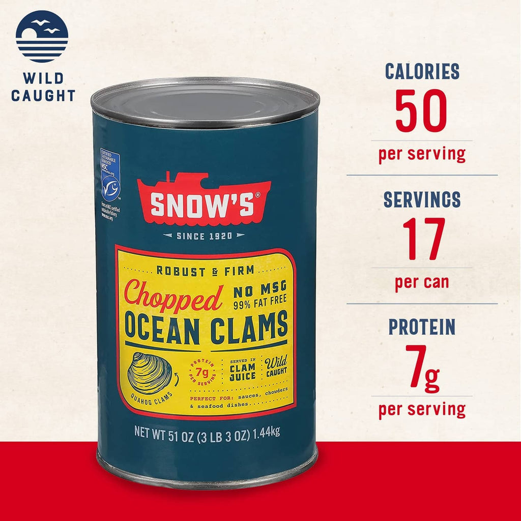 Canned chopped ocean clams blue can with wild caught and serving info