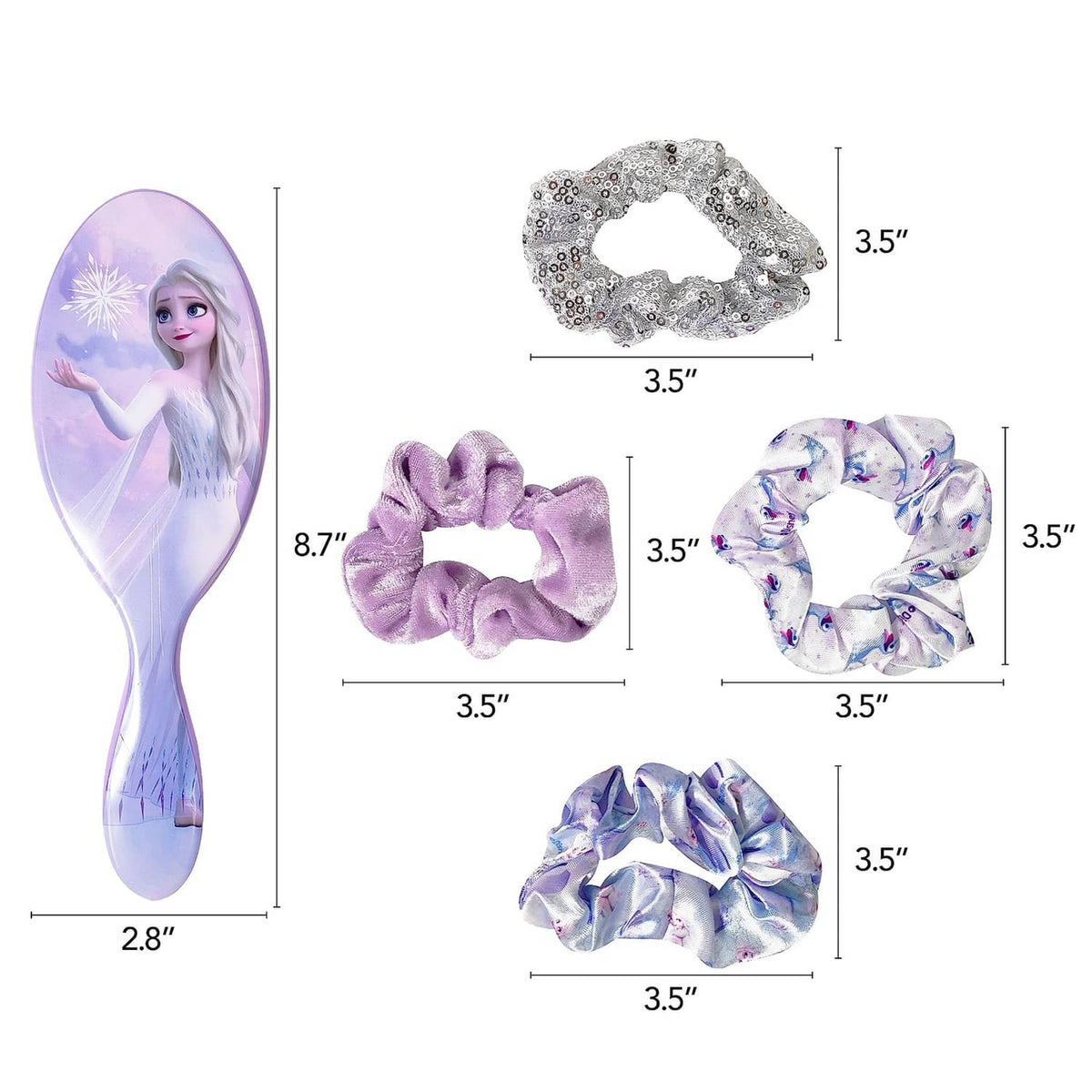 Hair accessory set: purple oval brush and five large scrunchies in lilac and icy blue