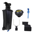 Engine coolant overflow recovery reservoir tank with sensor, cap, and hose fitting