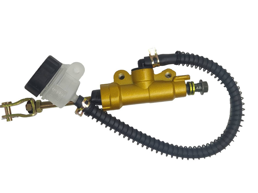 Rear brake master cylinder pump with fluid reservoir and black hose, gold body