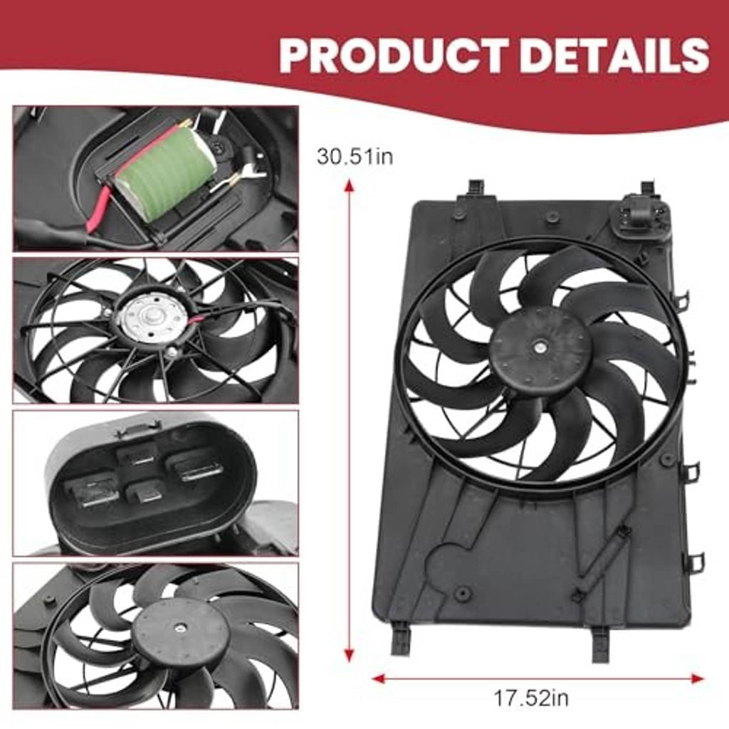 Engine radiator cooling fan assembly details: black shroud, fan, and connector wiring