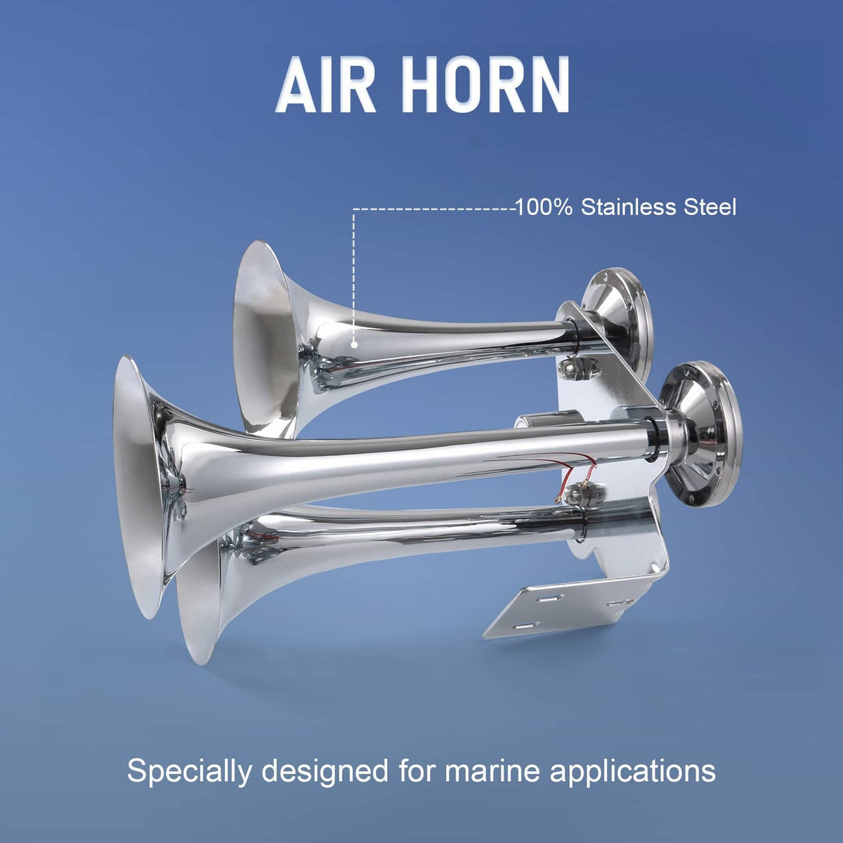 Triple trumpet air horn with chrome trumpet bells and mounting bracket