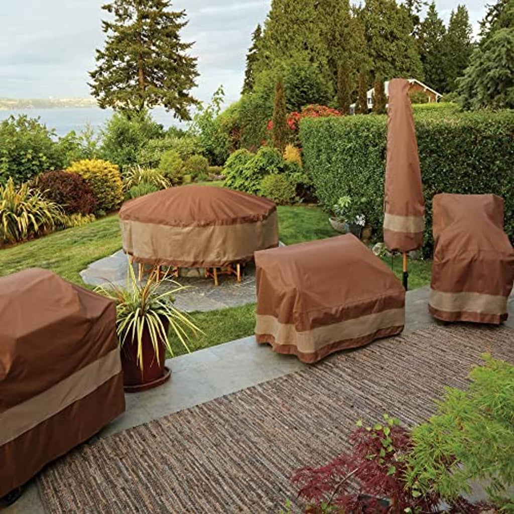 Multiple square AC unit covers in brown and beige on outdoor patio