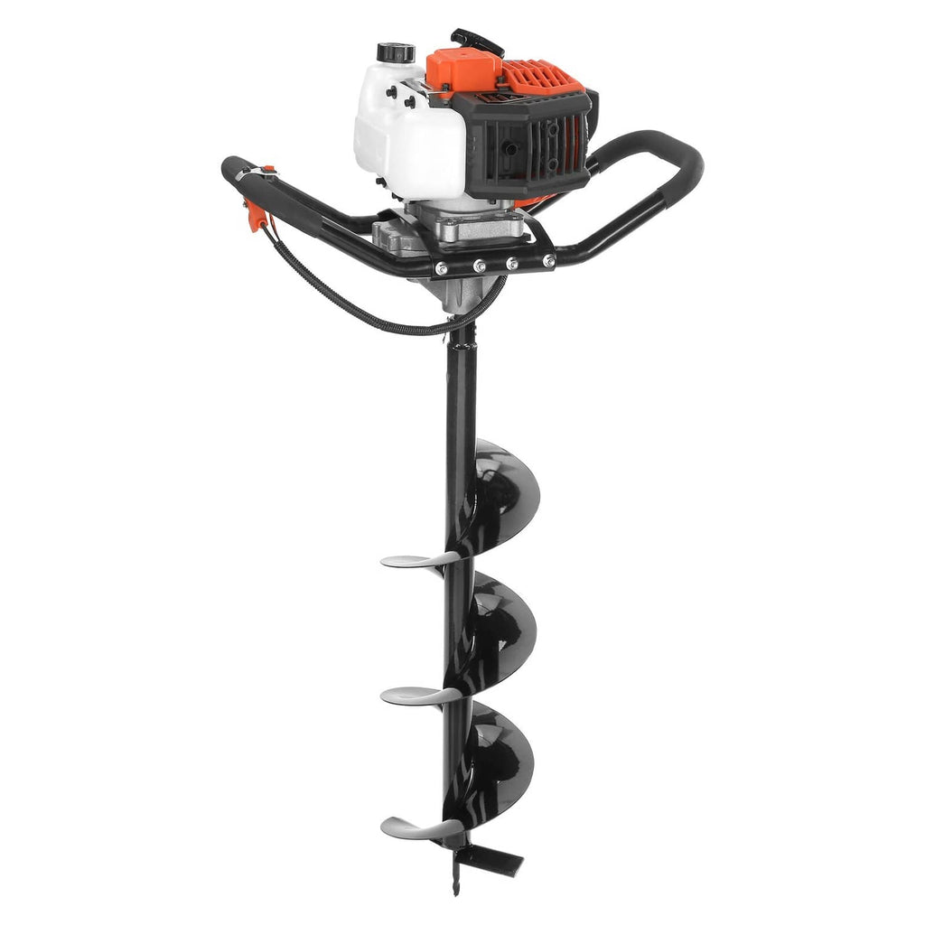 Gas-powered post hole digger with black steel auger and orange engine housing