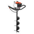 Gas-powered post hole digger with black steel auger and orange engine housing