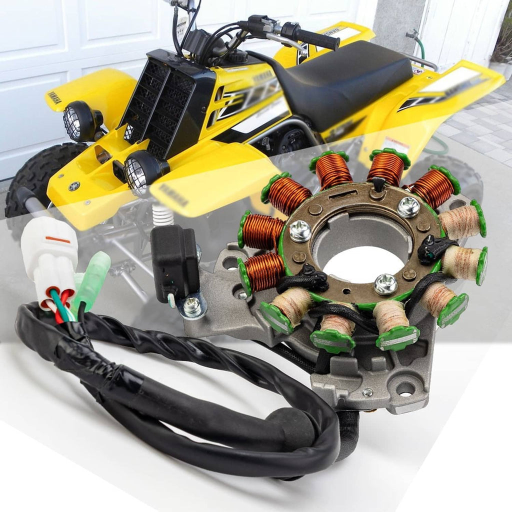 Stator assembly shown with copper coils and black wiring on a yellow ATV