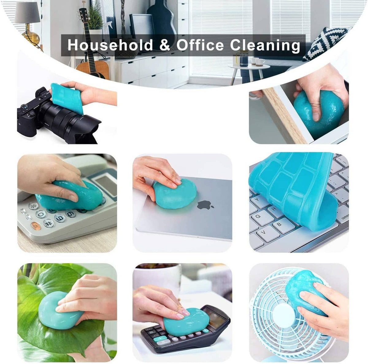 Blue cleaning gel putty shown cleaning household and office surfaces