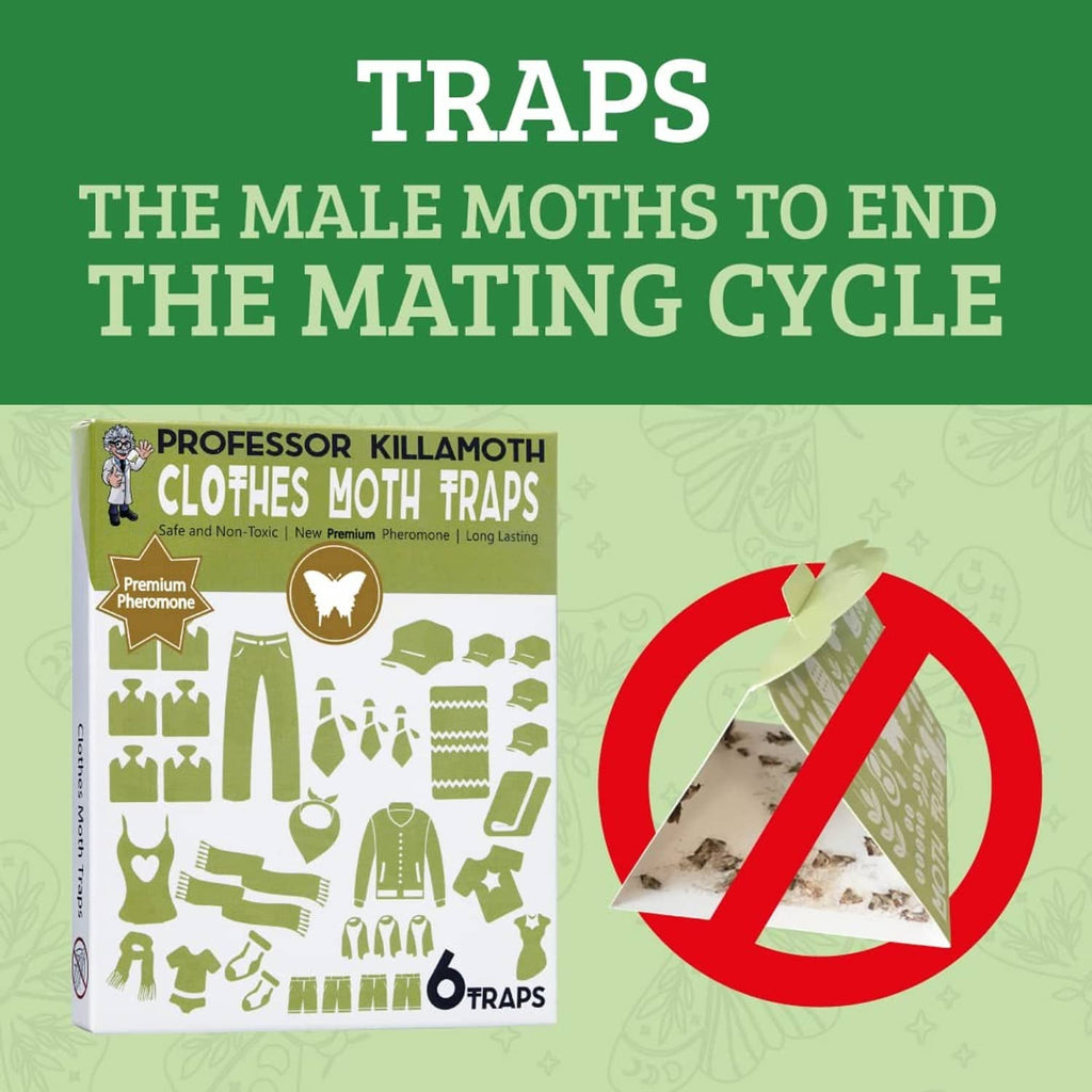 Clothes moth trap box with red stop graphic for moth mating cycle