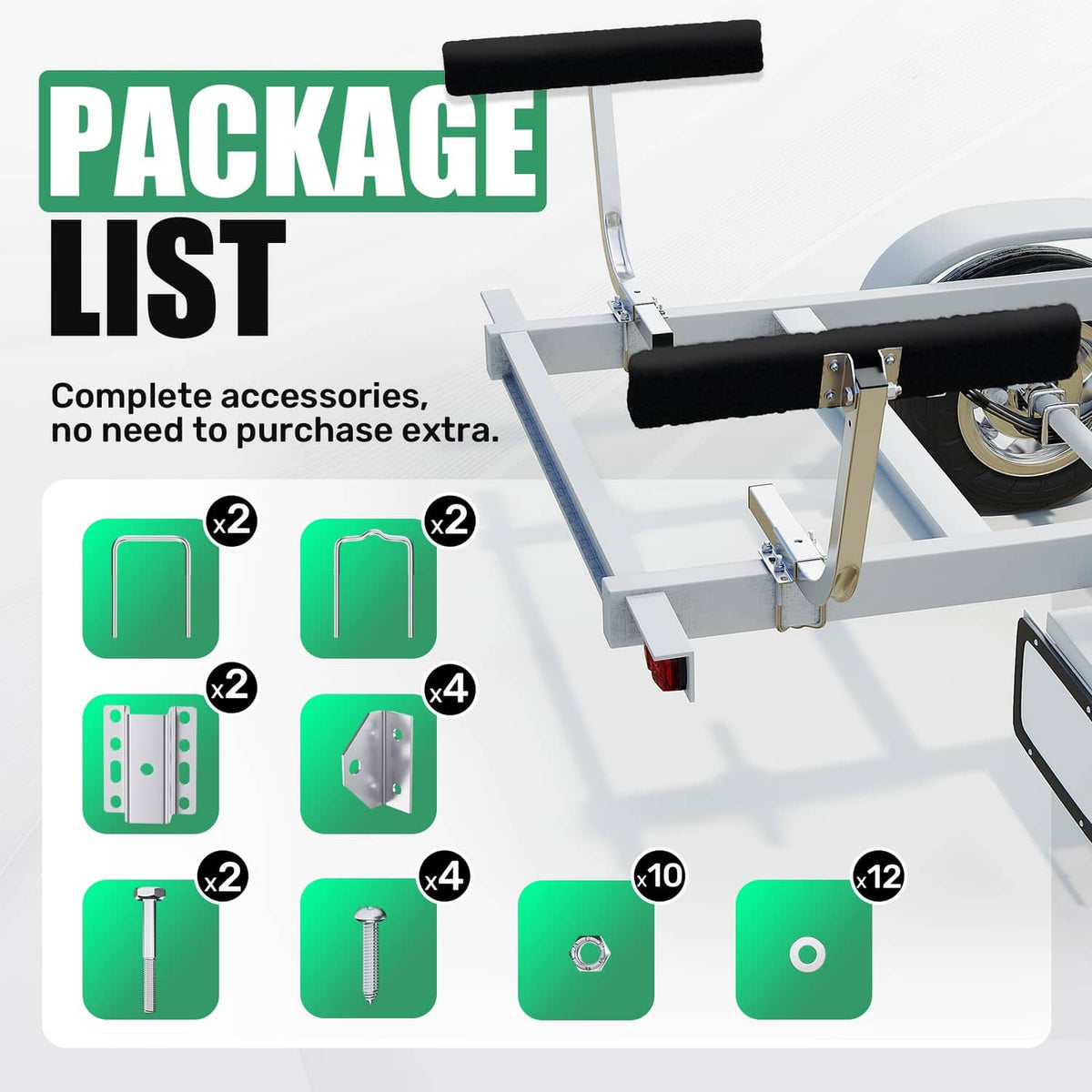 Package contents for boat trailer guide-on bunk boards with black pads and fasteners