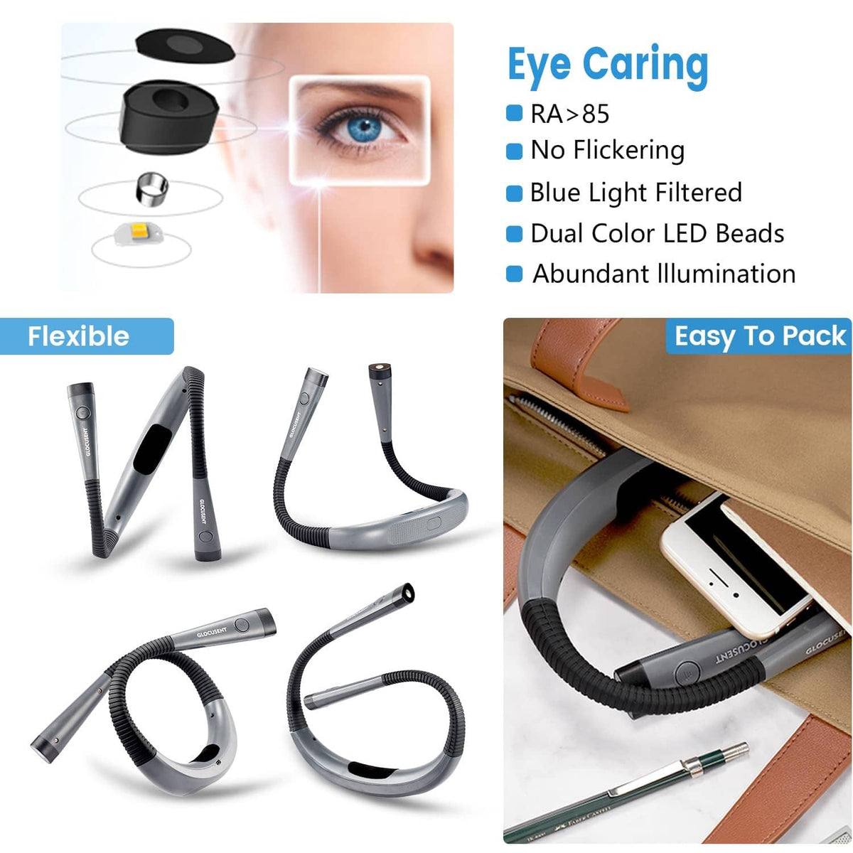 Flexible clip-on book light in black and gray with bendable neck and compact design