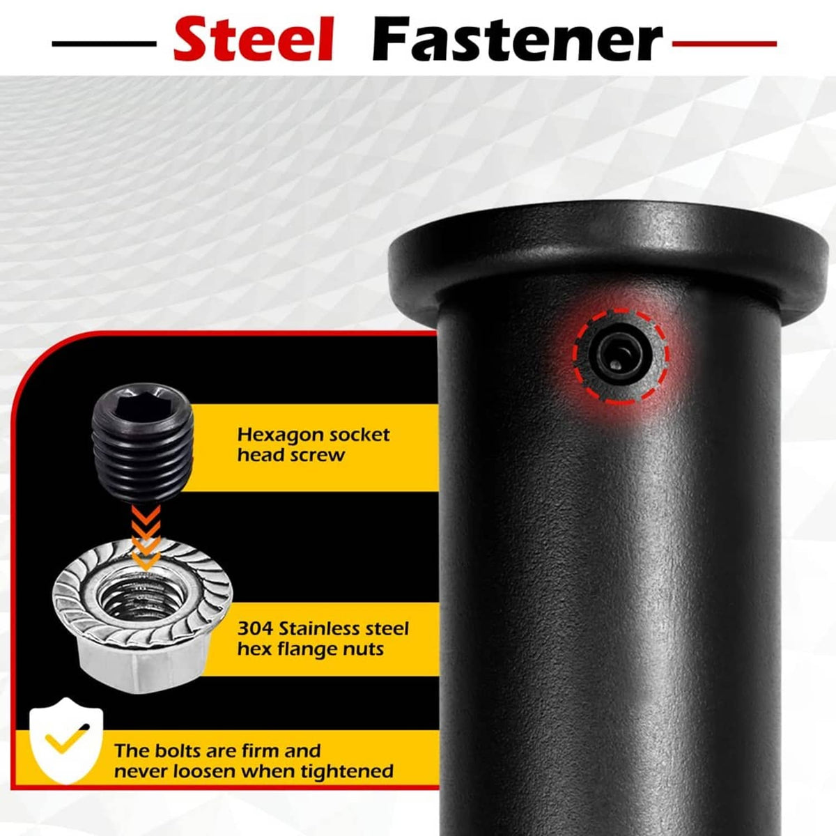 Black adapter sleeve end with hex-head screw and stainless-steel flange nut detail.