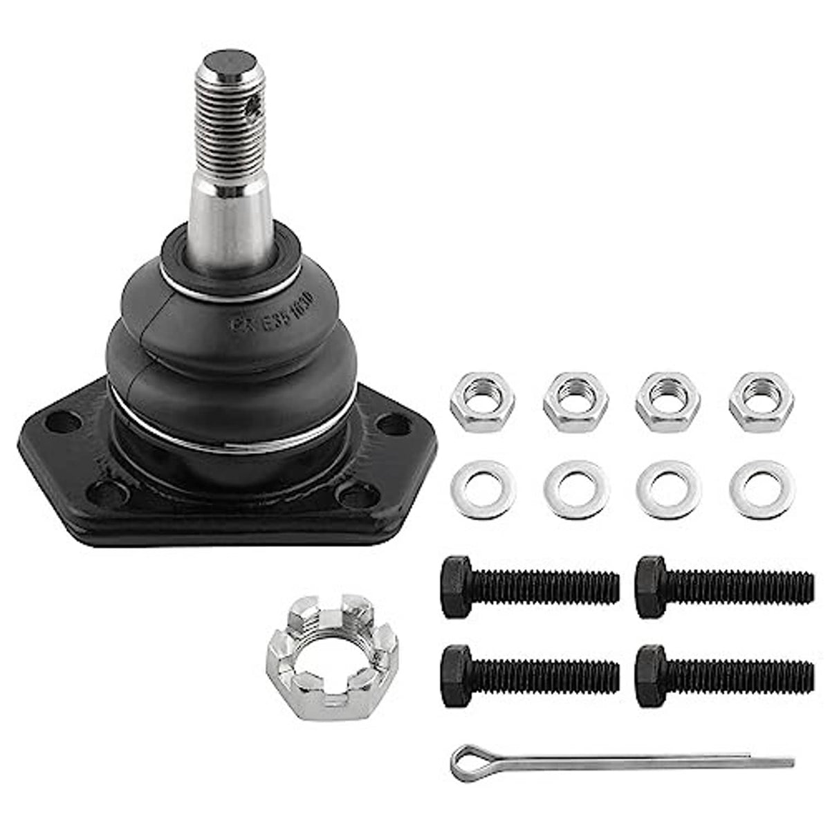 Front upper ball joint with black boot, threaded stud, hex nut, washers, and bolts.
