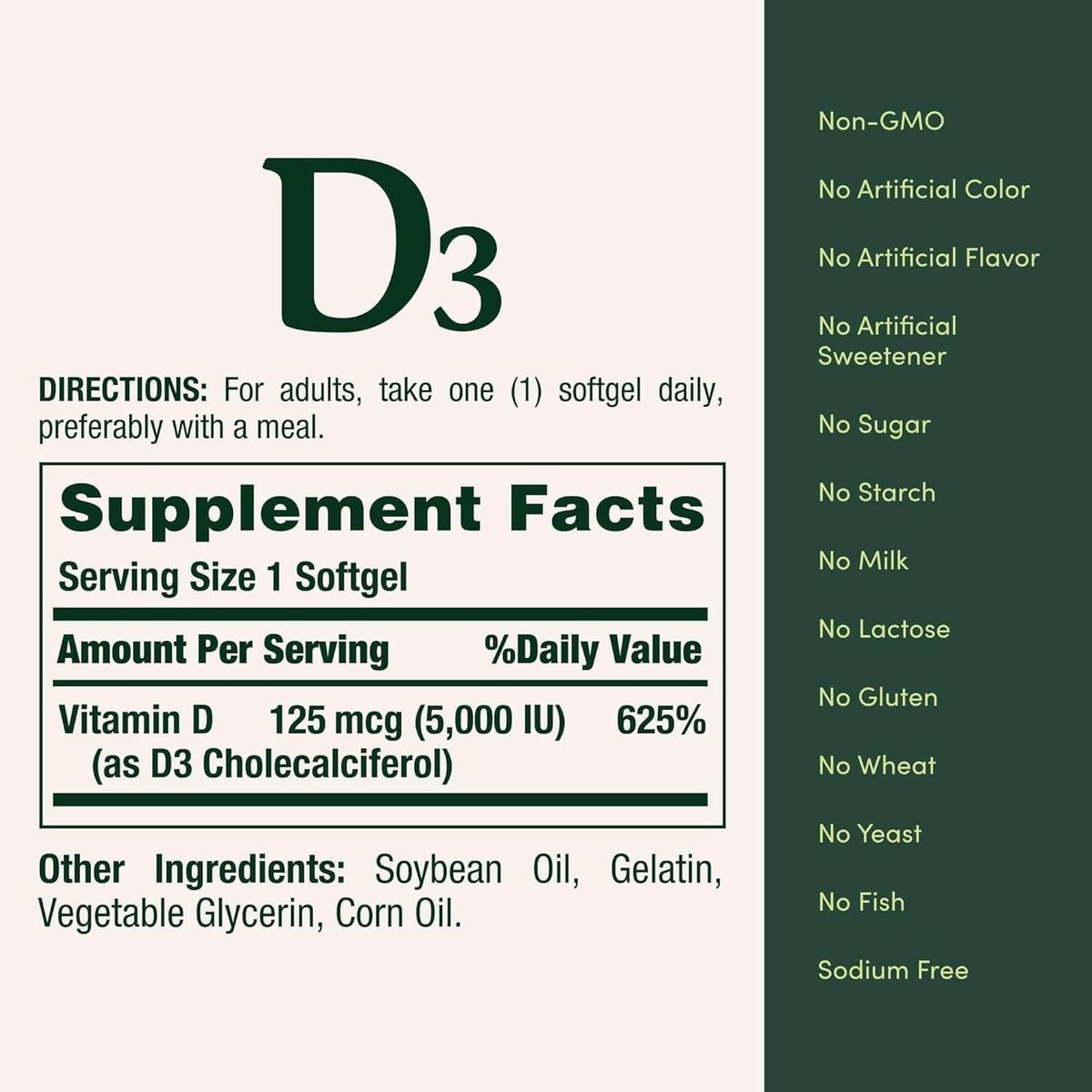 Vitamin D3 supplement facts panel: 1 softgel serving size, vitamin D and ingredients