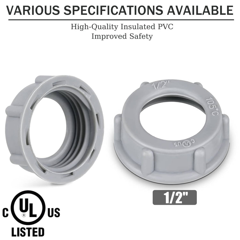 Gray threaded insulating plastic bushing, 1/2 in size label visible