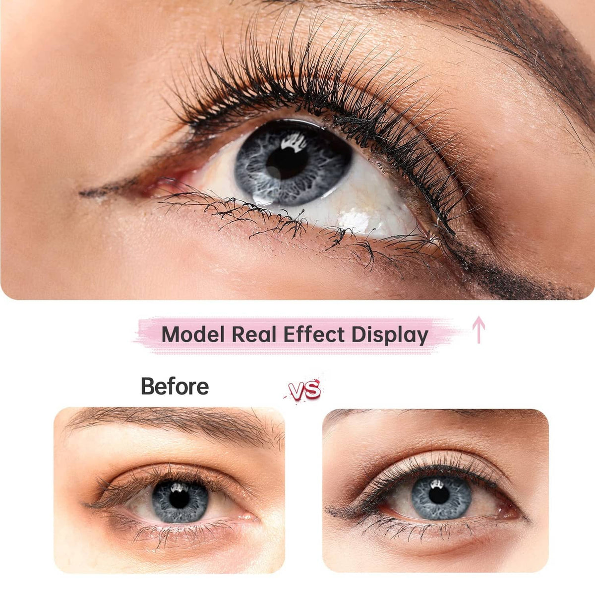 Close-up eye with natural-looking long lashes using soft strip false lashes