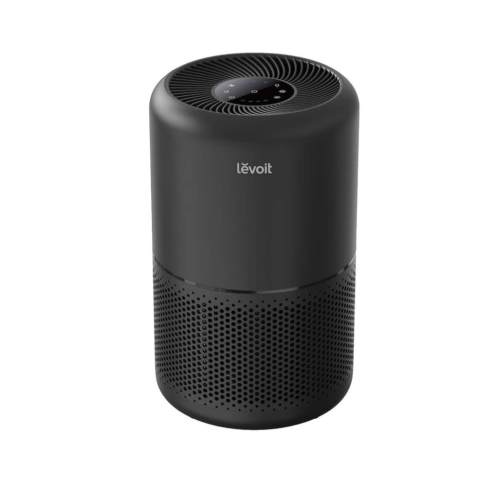 Black cylindrical air purifier with top fan grille and perforated front intake