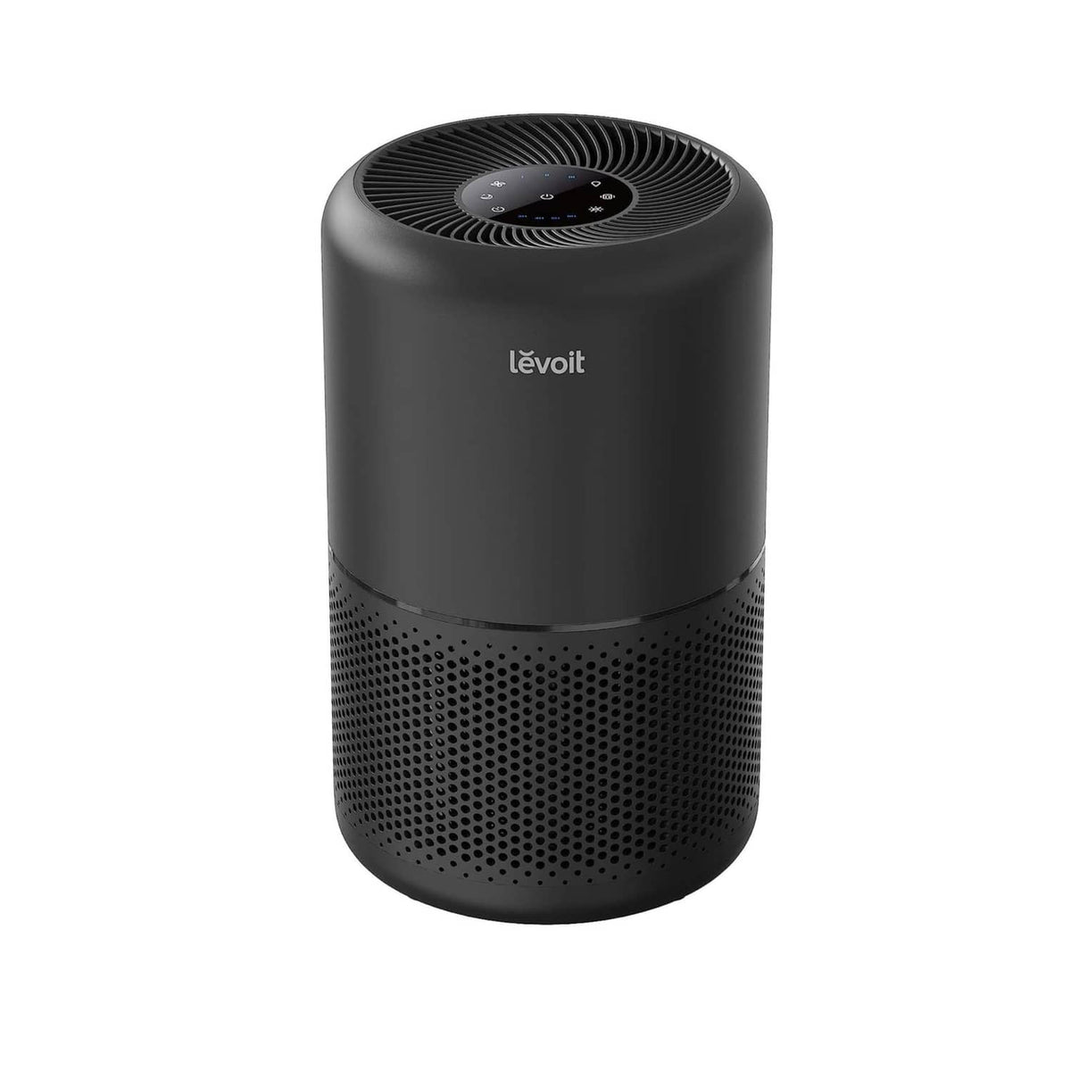 Black cylindrical air purifier with top fan grille and perforated front intake