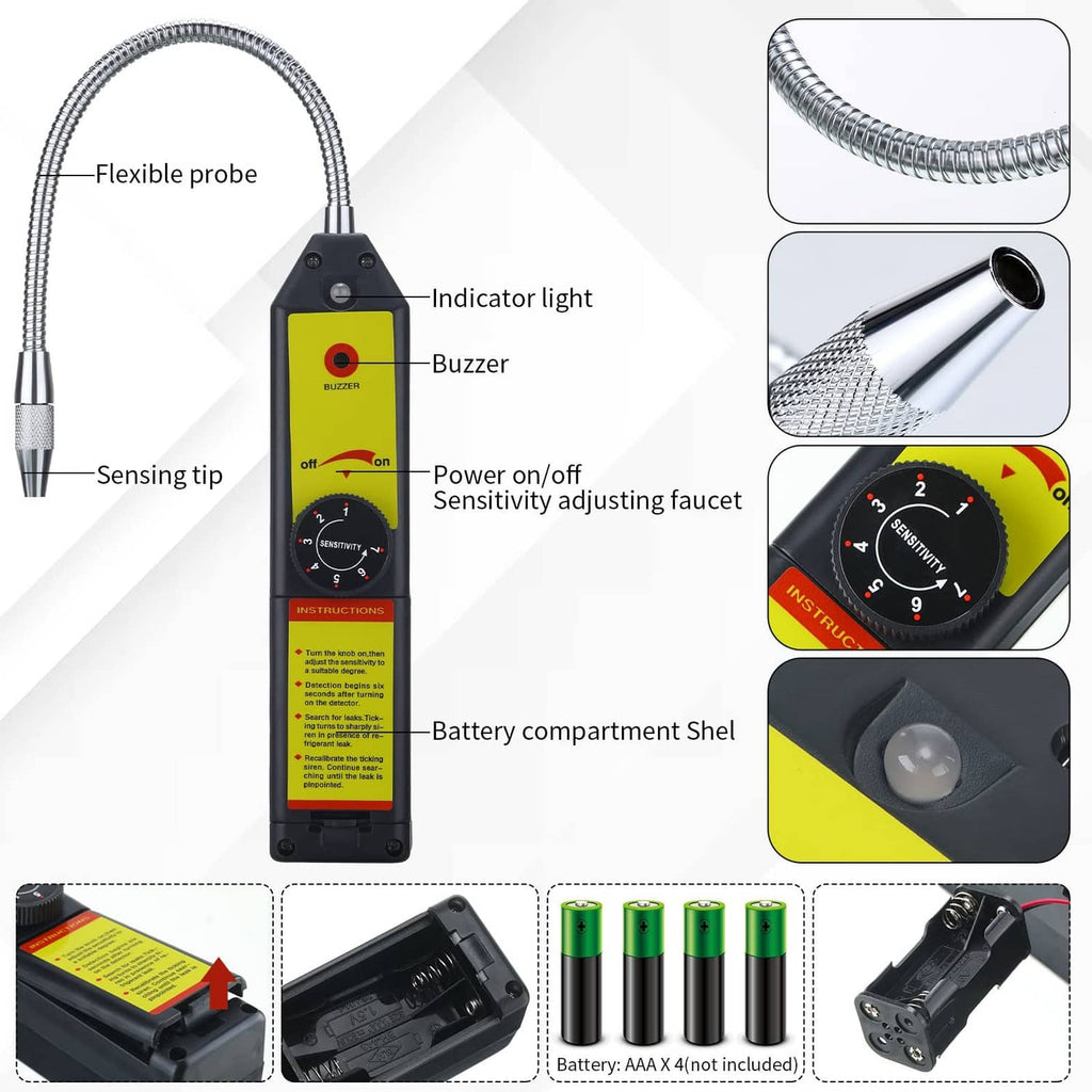 Refrigerant leak detector with flexible probe, indicator light, buzzer, and battery cover