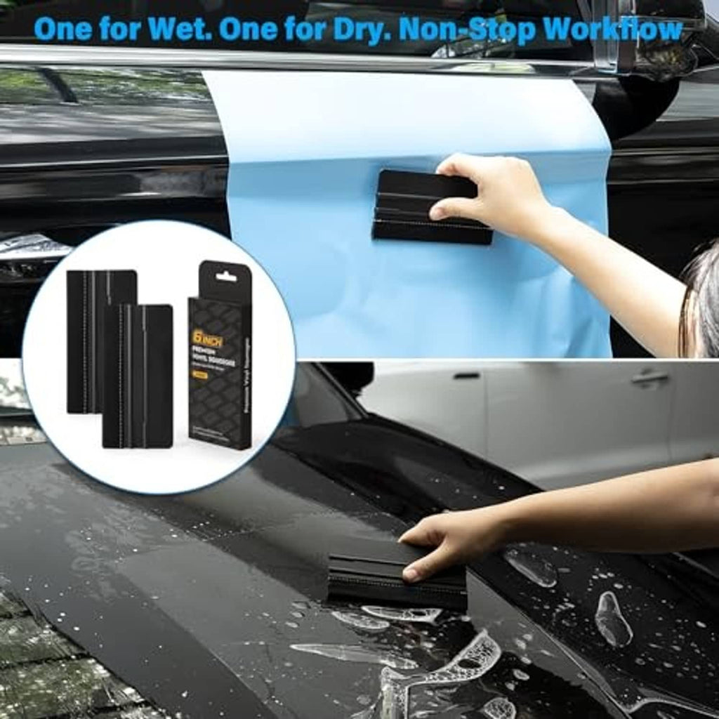 Black felt vinyl squeegee smoothing window film on car glass