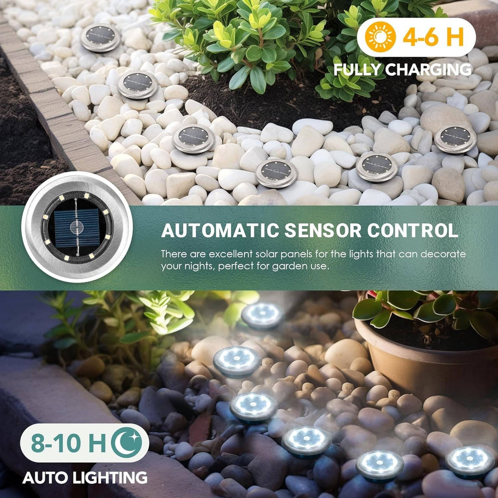 Mini solar ground lights, cool white, round disk lights on gravel and landscaping stones