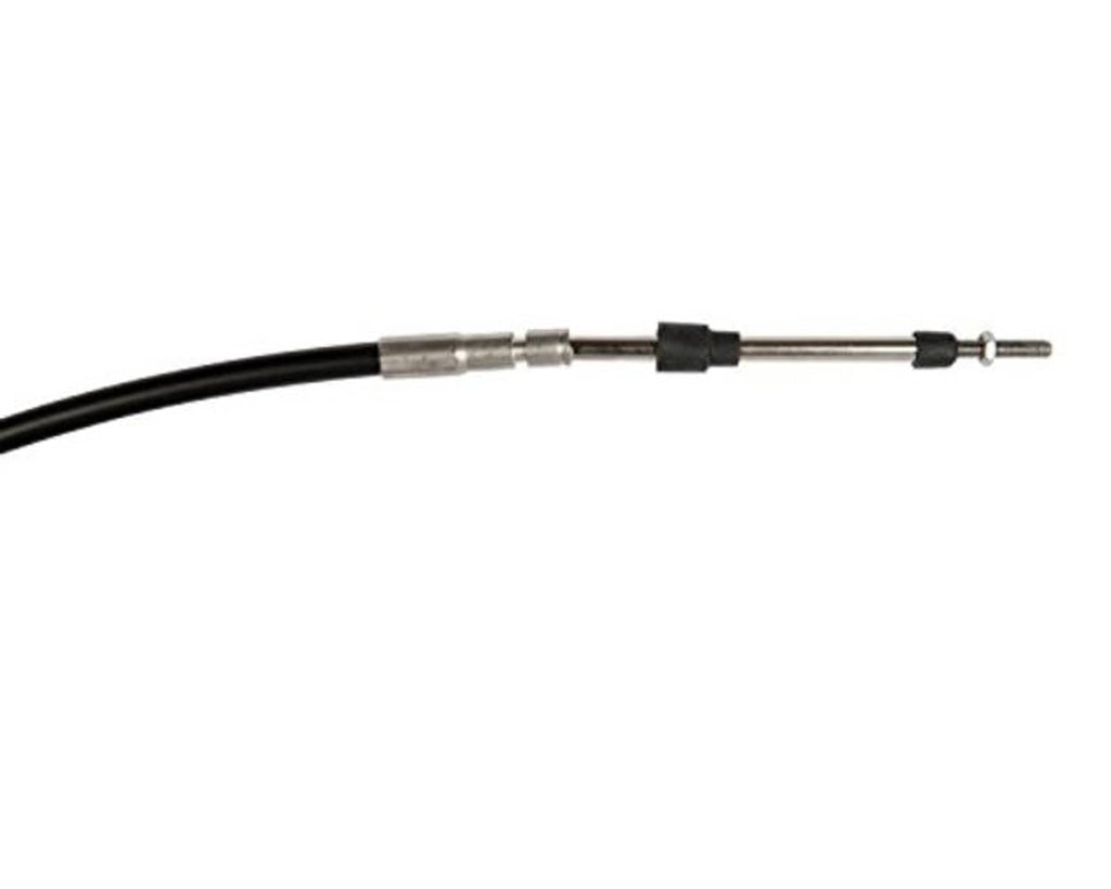 Control cable section with black jacket, silver sleeves, and end fittings